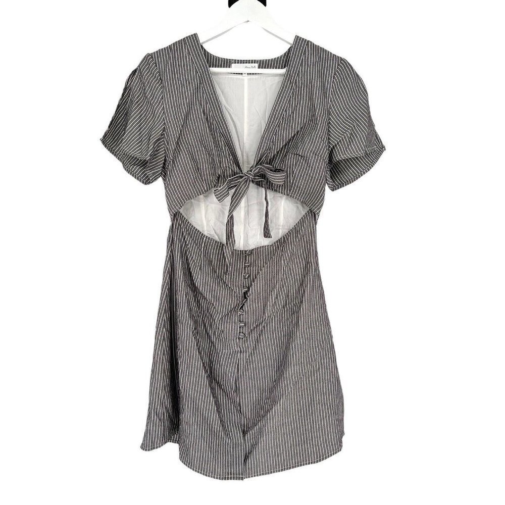 Honey Belle Tie Front Dress Size M Gray White Striped S/S Split Sleeve V-Neck